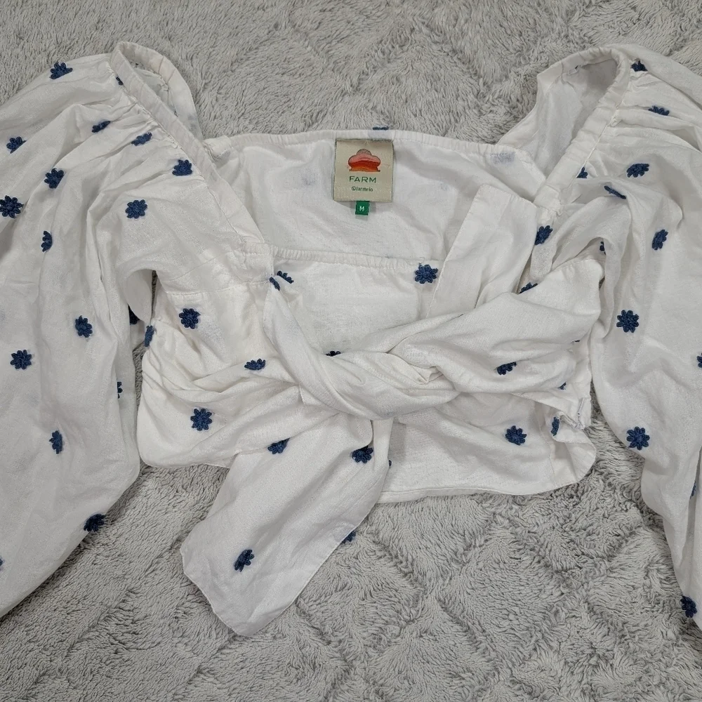 Farm Rio Top Womens S White Blue Flowers Embroidery Crop Puff Sleeve Beach